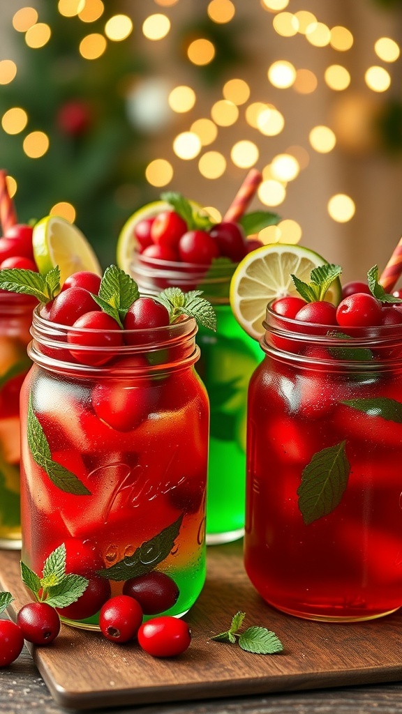 Colorful Christmas cocktails in jars with cranberries, lime slices, and mint leaves on a rustic table with holiday lights.